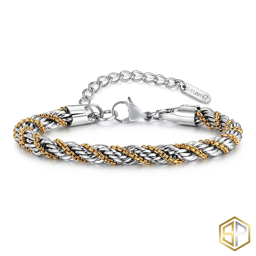 Twisted Duo Bracelet by SOFT PARADISE featuring intertwined silver and gold-toned metal design.