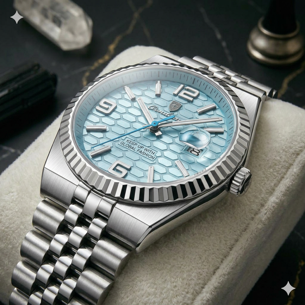 Luxury Waterproof Men's Watch by Soft Paradise with blue honeycomb dial and stainless steel bracelet