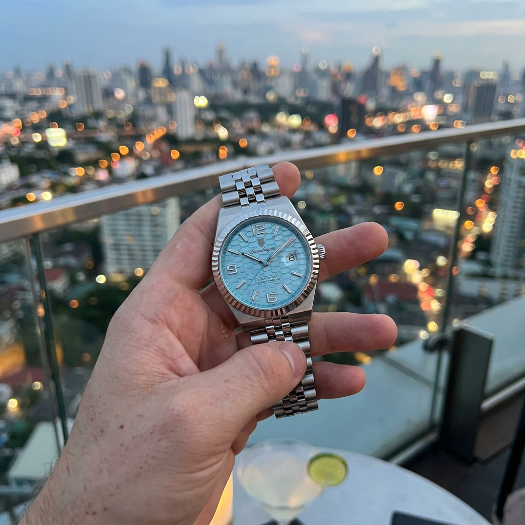 Luxury Waterproof Men's Watch by SOFT PARADISE with silver stainless steel bracelet and light blue dial.