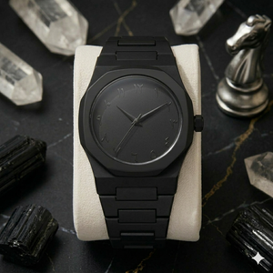 All-black Italian watch by SOFT PARADISE featuring a sleek round dial and minimalist design.