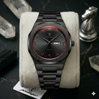SOFT PARADISE premium titanium watch with black brushed case and bracelet, red ring, quartz movement, date window.