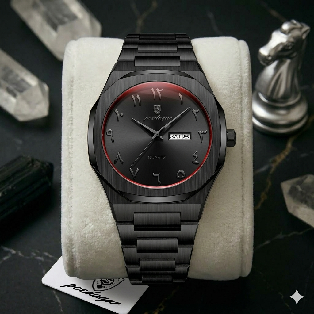 SOFT PARADISE premium titanium watch with black brushed case and bracelet, red ring, quartz movement, date window.
