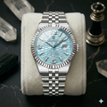 Luxury Waterproof Men's Watch by SOFT PARADISE with light blue honeycomb dial and stainless steel bracelet