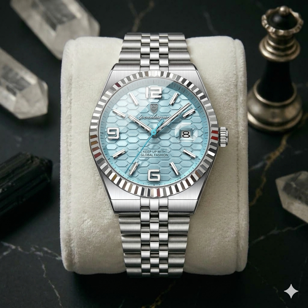 Luxury Waterproof Men's Watch by SOFT PARADISE with light blue honeycomb dial and stainless steel bracelet