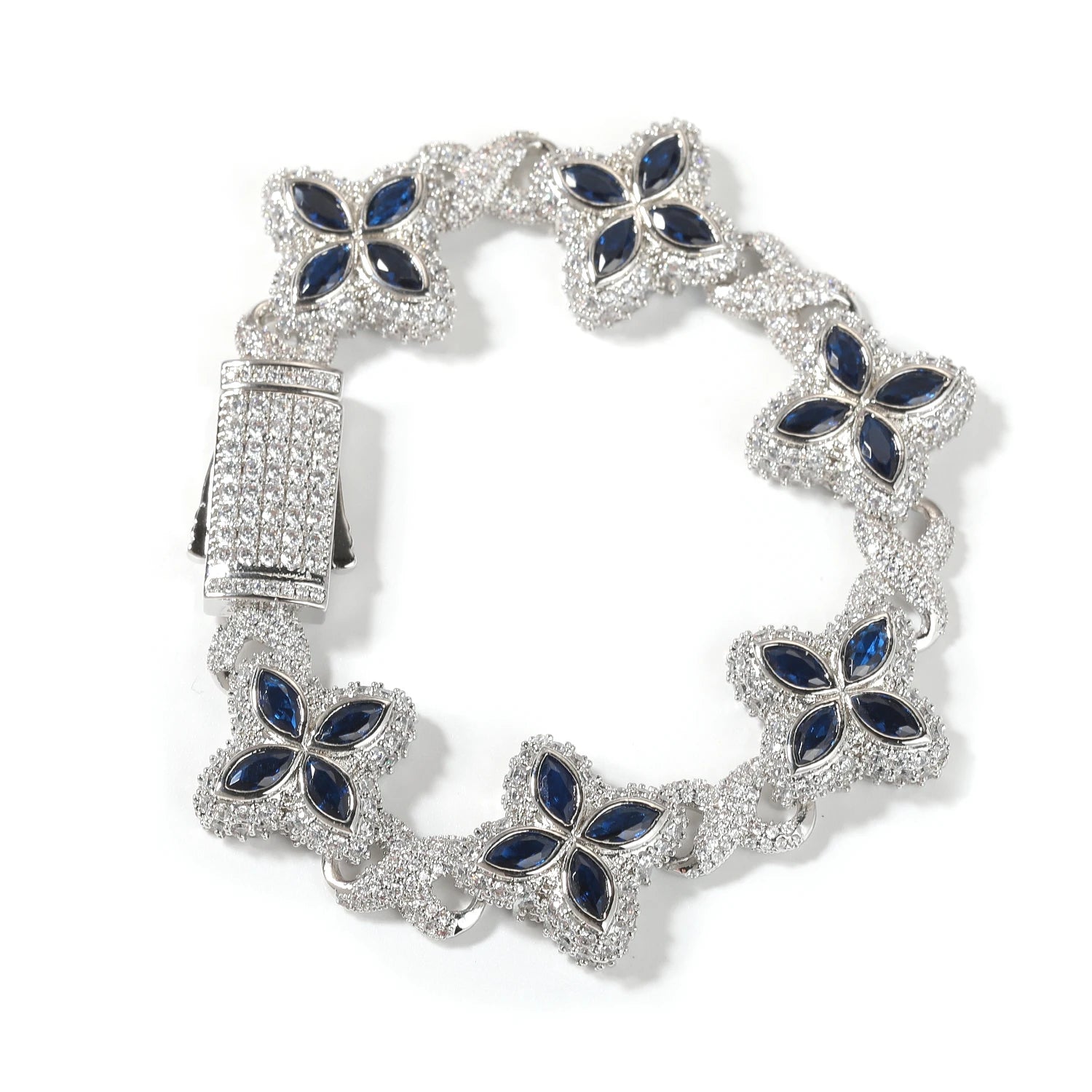 Baby Blue Baguette CZ Bracelet with blue flower-link segments set in pavé crystals on silver-tone metal.