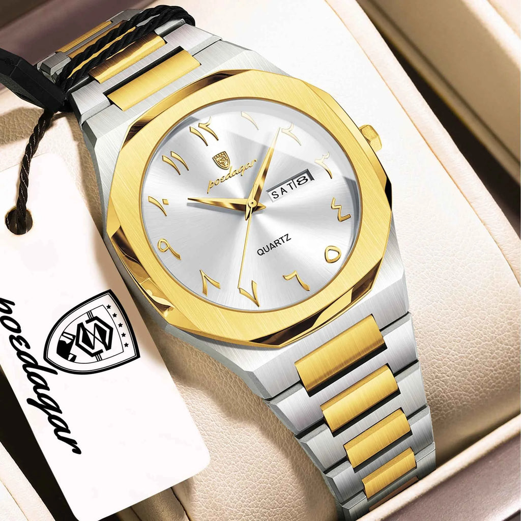 Soft Paradise premium titanium watch; two-tone silver and gold bracelet with gold bezel, silver dial, day/date quartz