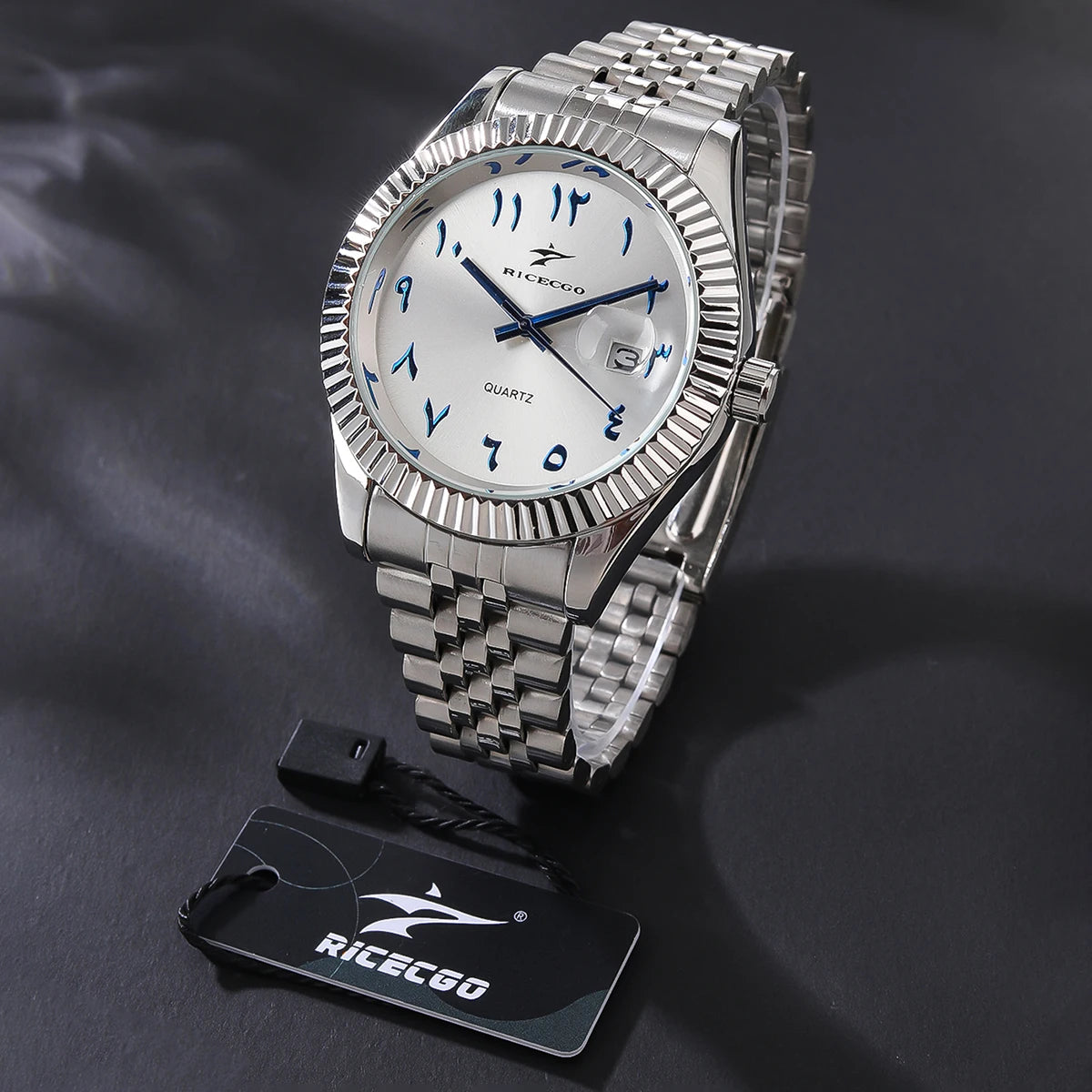 Soft Paradise business chronograph watch with black dial, silver case, and multiple subdials, featuring a leather strap.
