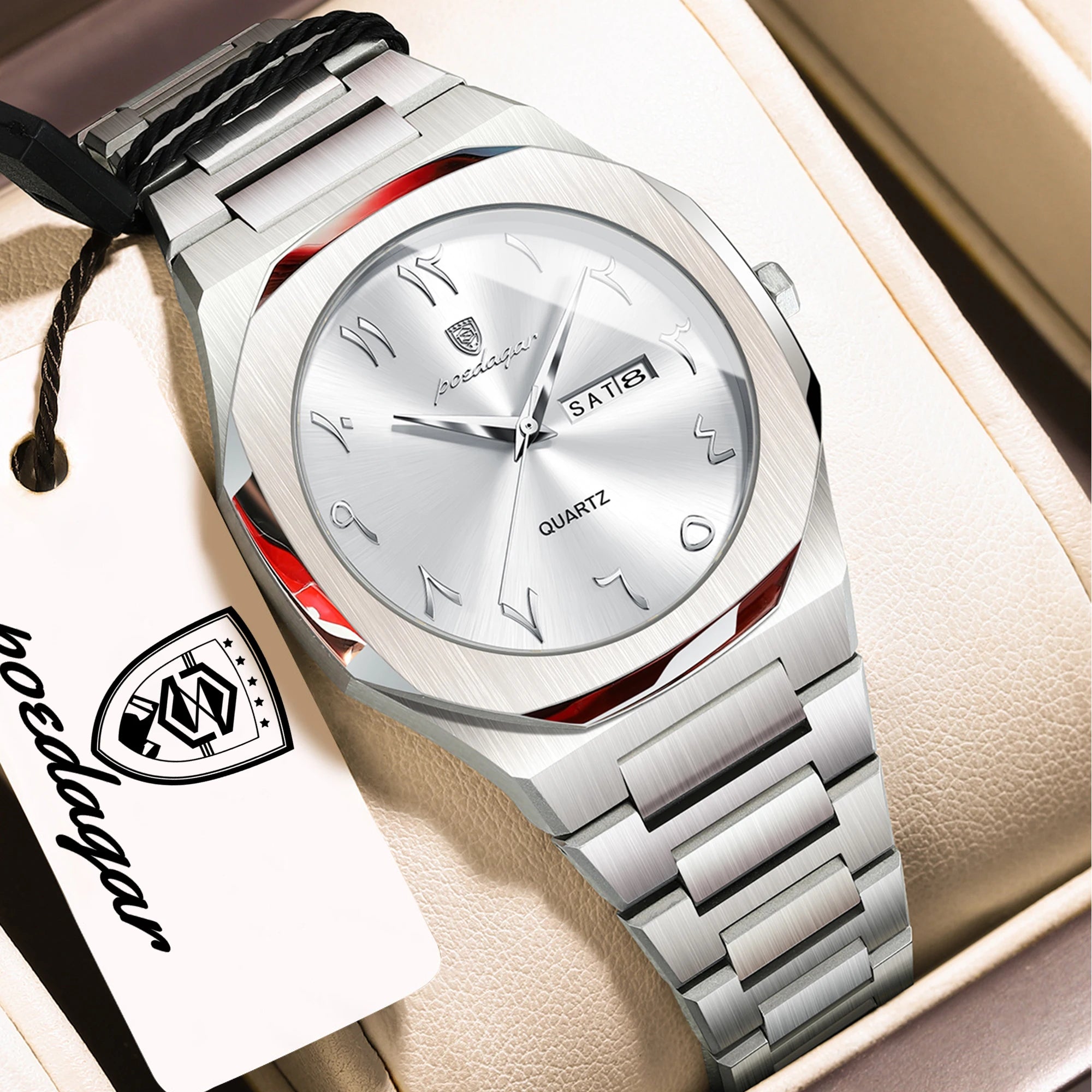 SOFT PARADISE Premium Titanium Watch; silver-tone titanium case and metal bracelet, day-date display