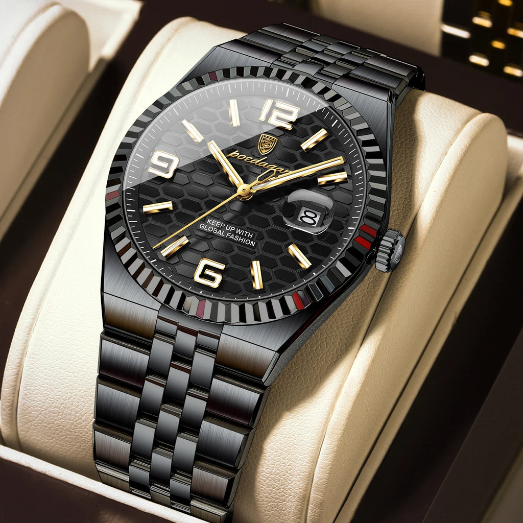 SOFT PARADISE luxury waterproof men's watch with a black honeycomb dial, gold-tone hands, and stainless steel bracelet.