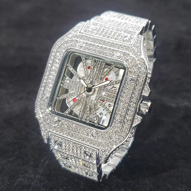 Diamond Skeleton Square Watch by SOFT PARADISE featuring a sleek square dial with sparkling diamond accents and a stylish strap.