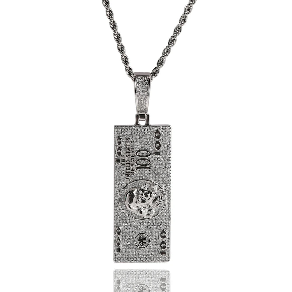 Gold-tone pendant necklace featuring a realistic hundred dollar bill design by SOFT PARADISE.