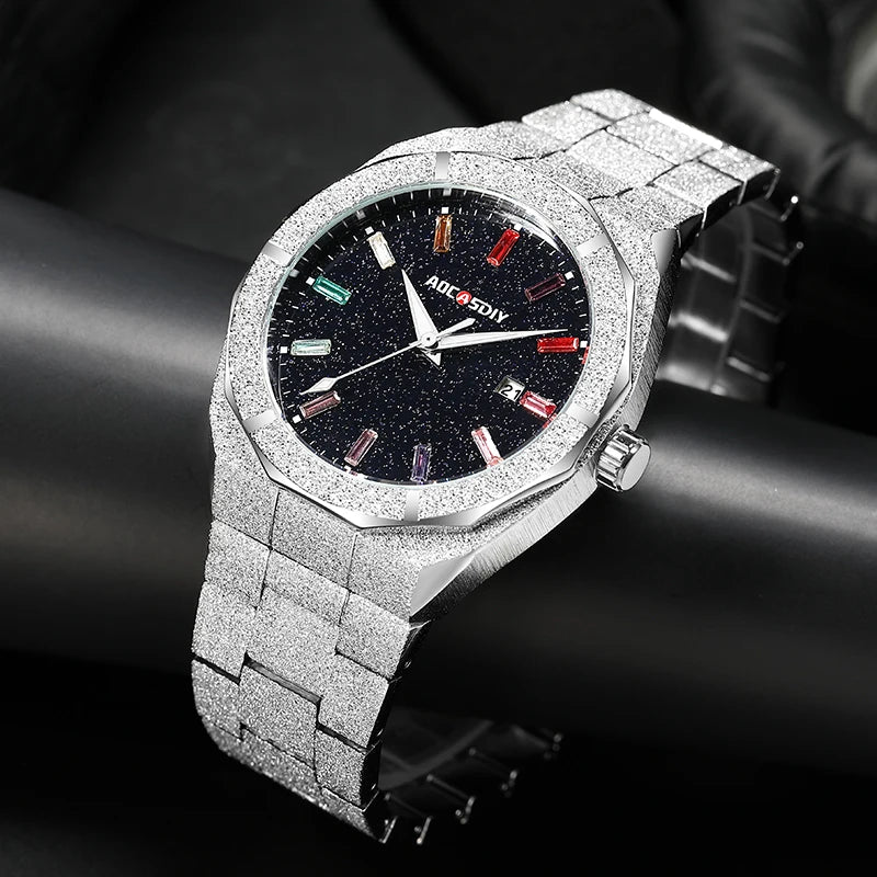 Luminous SOFT PARADISE business watch with a sleek black dial and silver metal band, showing time with luminous hands and markers.