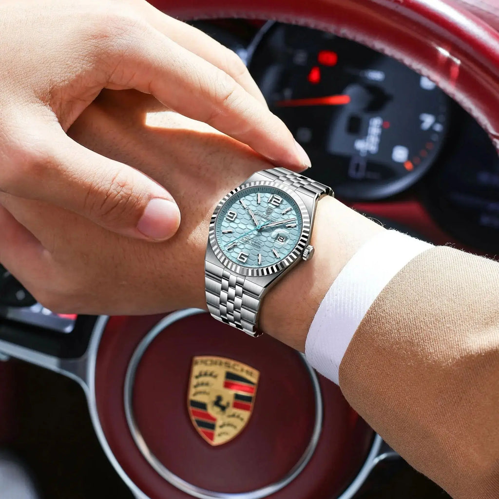 Luxury Waterproof Men's Watch by Soft Paradise, light blue dial, stainless steel bracelet