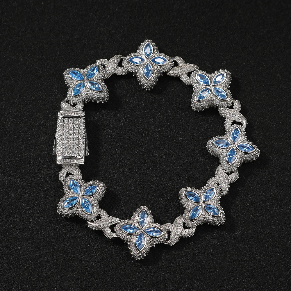Baby Blue Baguette CZ Bracelet, silver-tone with blue flower-shaped stones