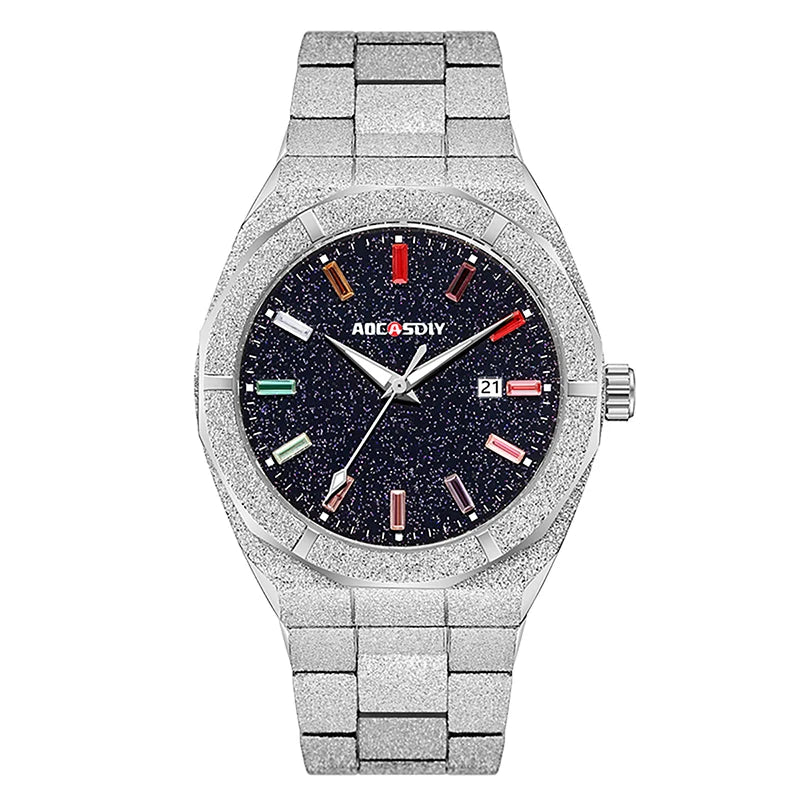 Luminous SOFT PARADISE business watch with a sleek silver case and black strap, showing the analog clock face with luminous hands.