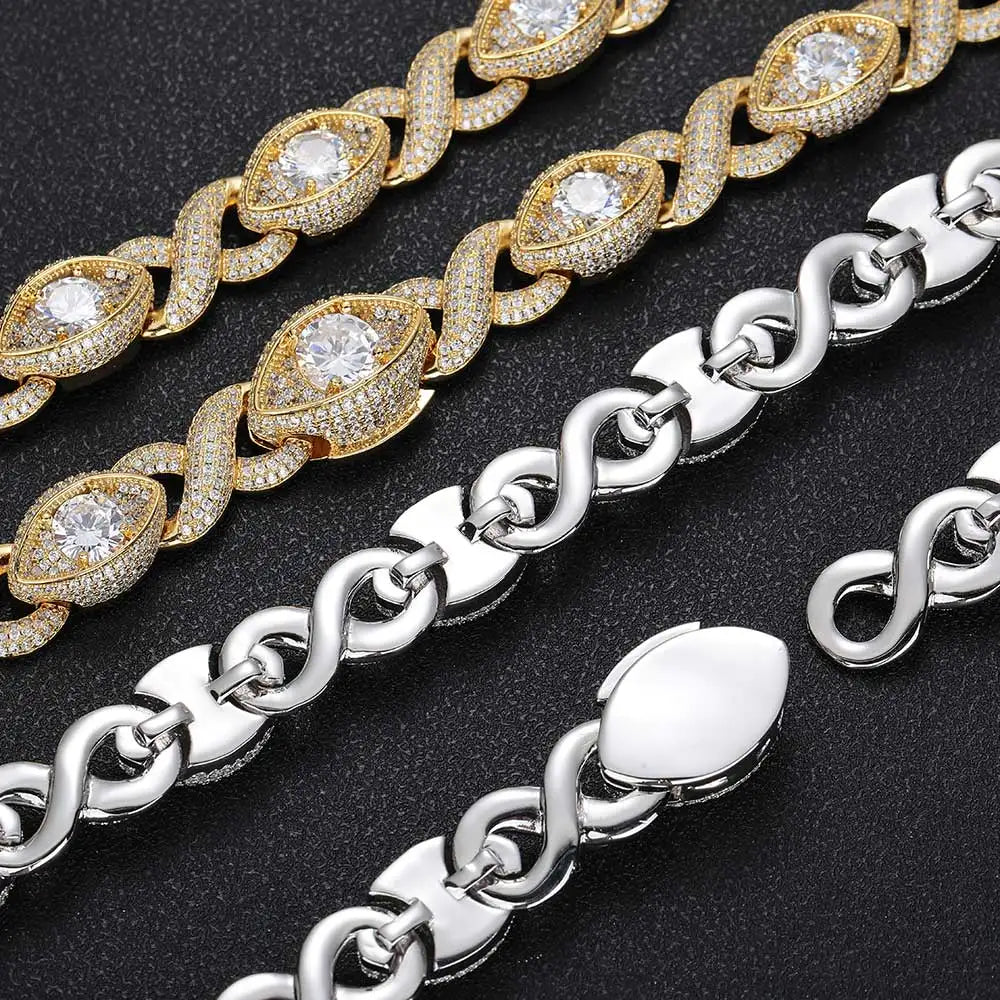 Gold-filled diamond infinity link bracelet and Cuban necklace set with iced out CZ eyes, by SOFT PARADISE, hip hop jewelry style.