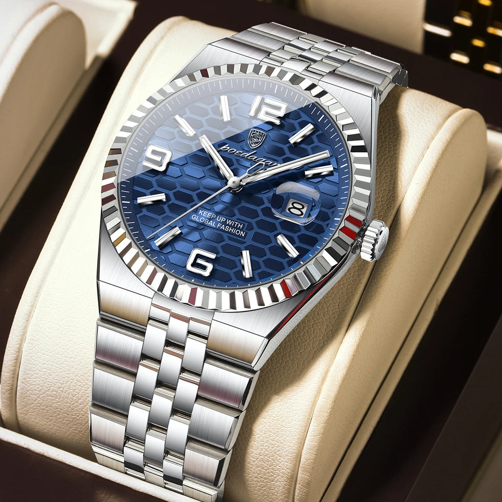 Luxury Waterproof Men's Watch SOFT PARADISE with blue honeycomb dial, date window, and stainless steel bracelet