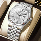 Luxury waterproof men's watch by SOFT PARADISE; stainless steel bracelet, honeycomb dial, date window at 3 o'clock