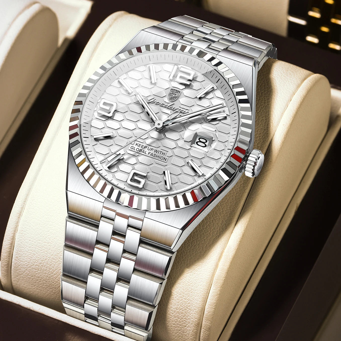 Luxury waterproof men's watch by SOFT PARADISE; stainless steel bracelet, honeycomb dial, date window at 3 o'clock