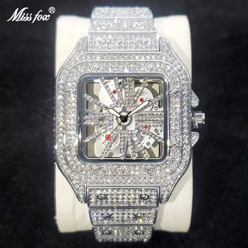 Diamond Skeleton Square Watch by SOFT PARADISE featuring a sleek skeleton dial and sparkling diamond accents.