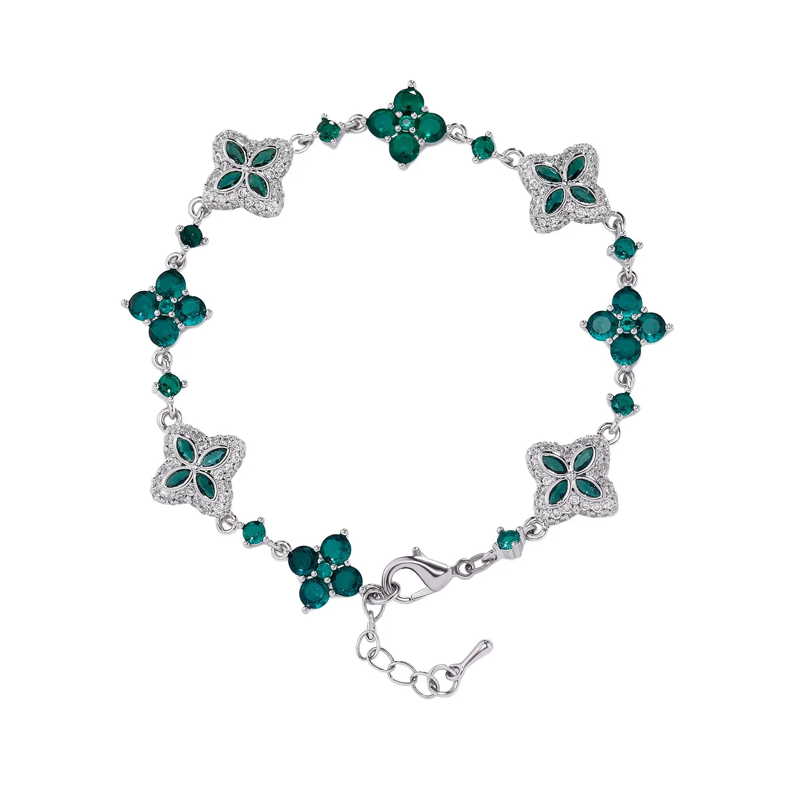Four-Leaf Clover Bracelet in silver with emerald-green crystals, pavé accents, and adjustable lobster clasp.