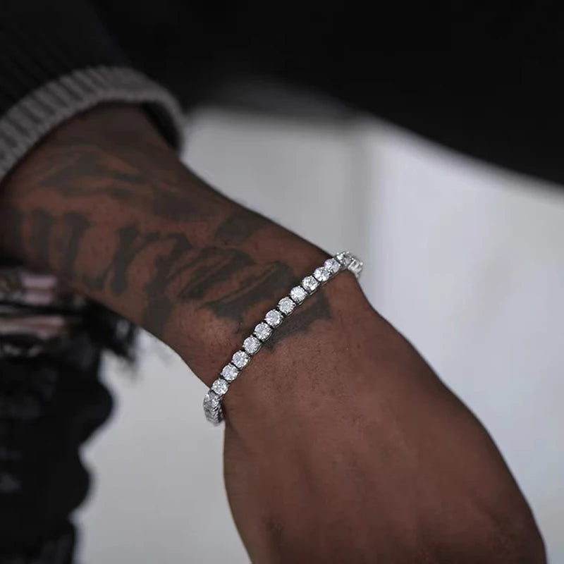 Men's iced out hip-hop tennis bracelet with cubic zirconia, 3/4/5mm chain, stylish streetwear jewelry on hand, by SOFT PARADISE.