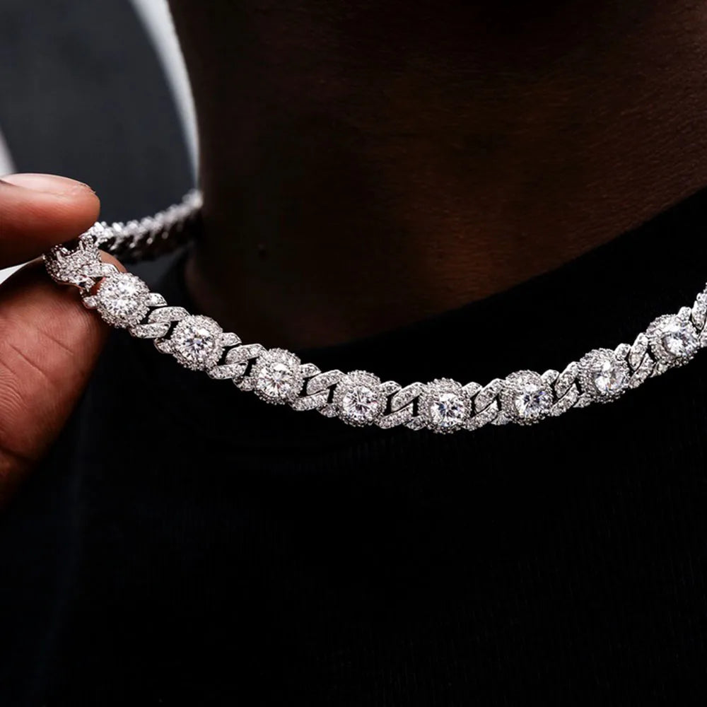Diamond Cuban Chain Necklace with pavé-set stones, silver-tone finish.