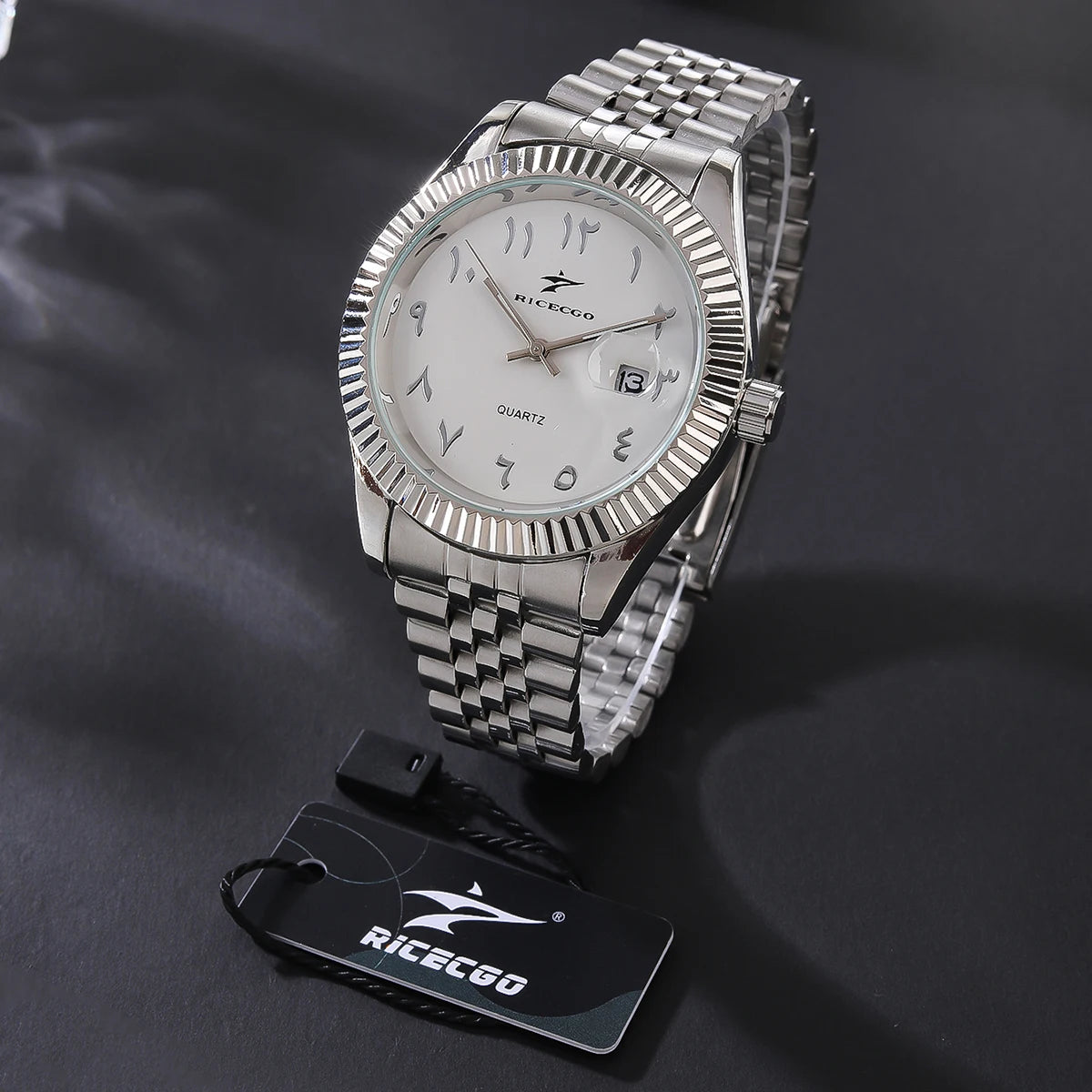 Soft Paradise business chronograph watch with black dial, silver case, and leather strap, showcasing multiple subdials and date window.