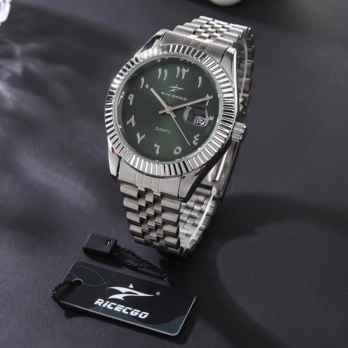 Soft Paradise chronograph sports watch with black dial, stainless steel band, and multiple subdials for precise timekeeping.