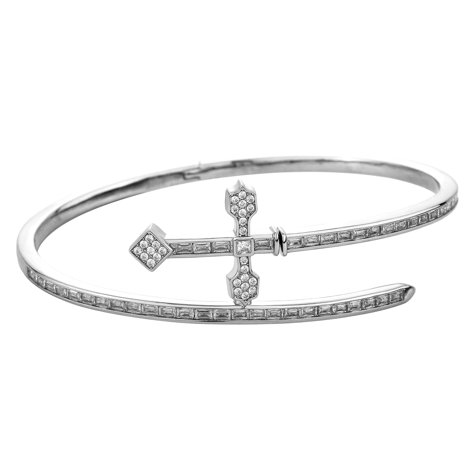 Silver Sword Cross Cuff Bracelet by SOFT PARADISE featuring a sleek sword and cross design on a metal cuff bracelet.