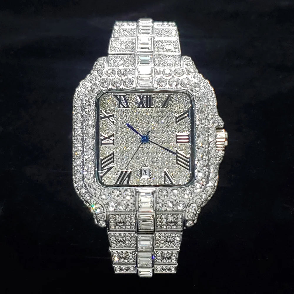 Luxury Iced Out Diamond Watch by SOFT PARADISE with sparkling diamonds and sleek metal band, close-up view of the watch face.