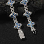 Baby Blue Baguette CZ Bracelet with silver-tone links and flower-shaped blue stone clusters.
