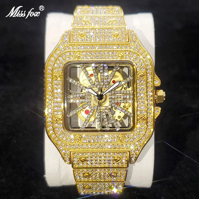 Diamond Skeleton Square Watch by SOFT PARADISE featuring a sleek skeleton dial and diamond accents on a square watch face.