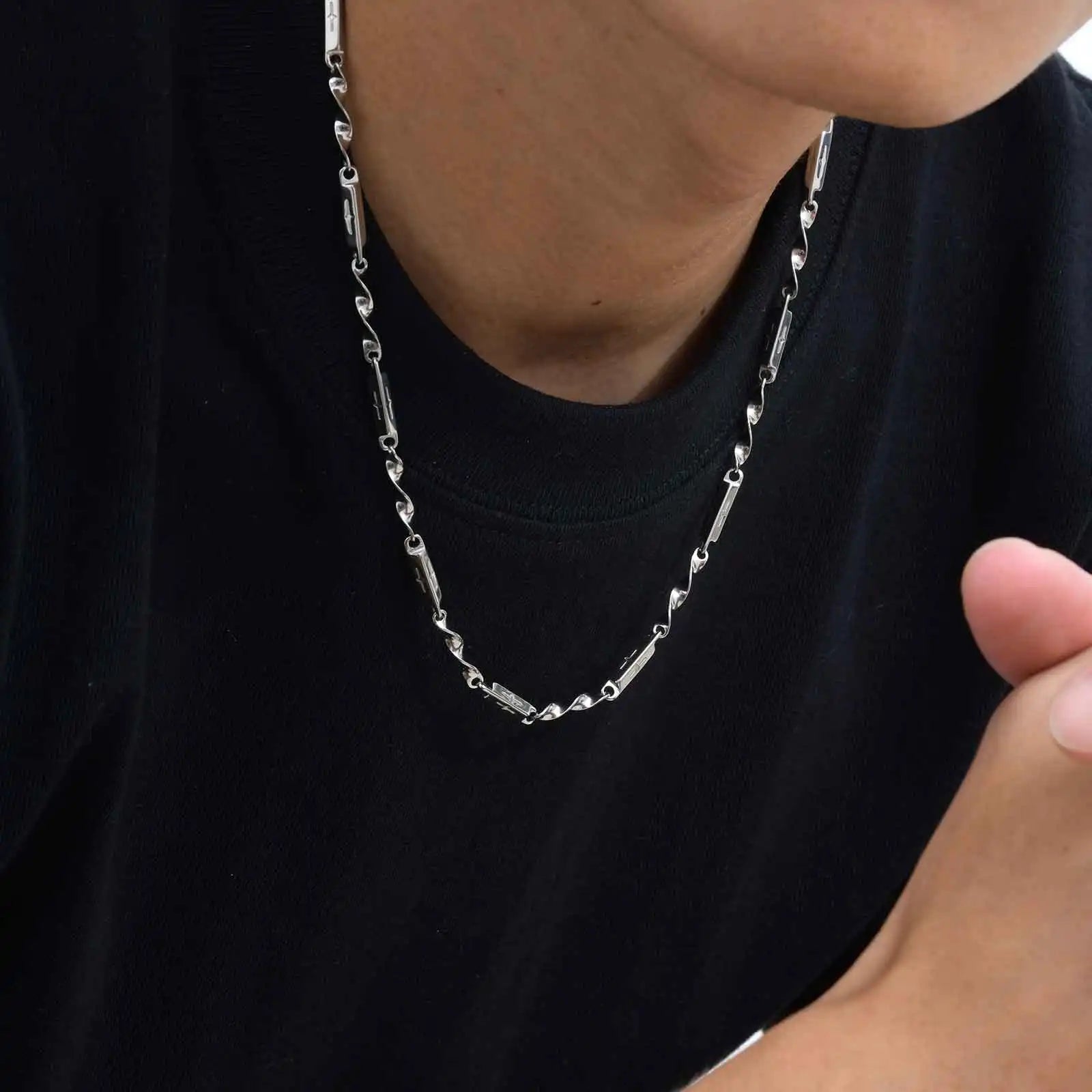 Stainless steel Mobius bamboo chain necklace with cross hollow tube design for men and boys, casual fashion jewelry by SOFT PARADISE