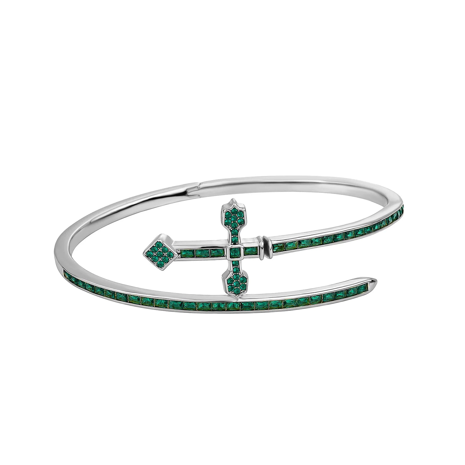 Silver Sword Cross Cuff Bracelet by SOFT PARADISE, featuring a detailed sword and cross design on a wide metal cuff.