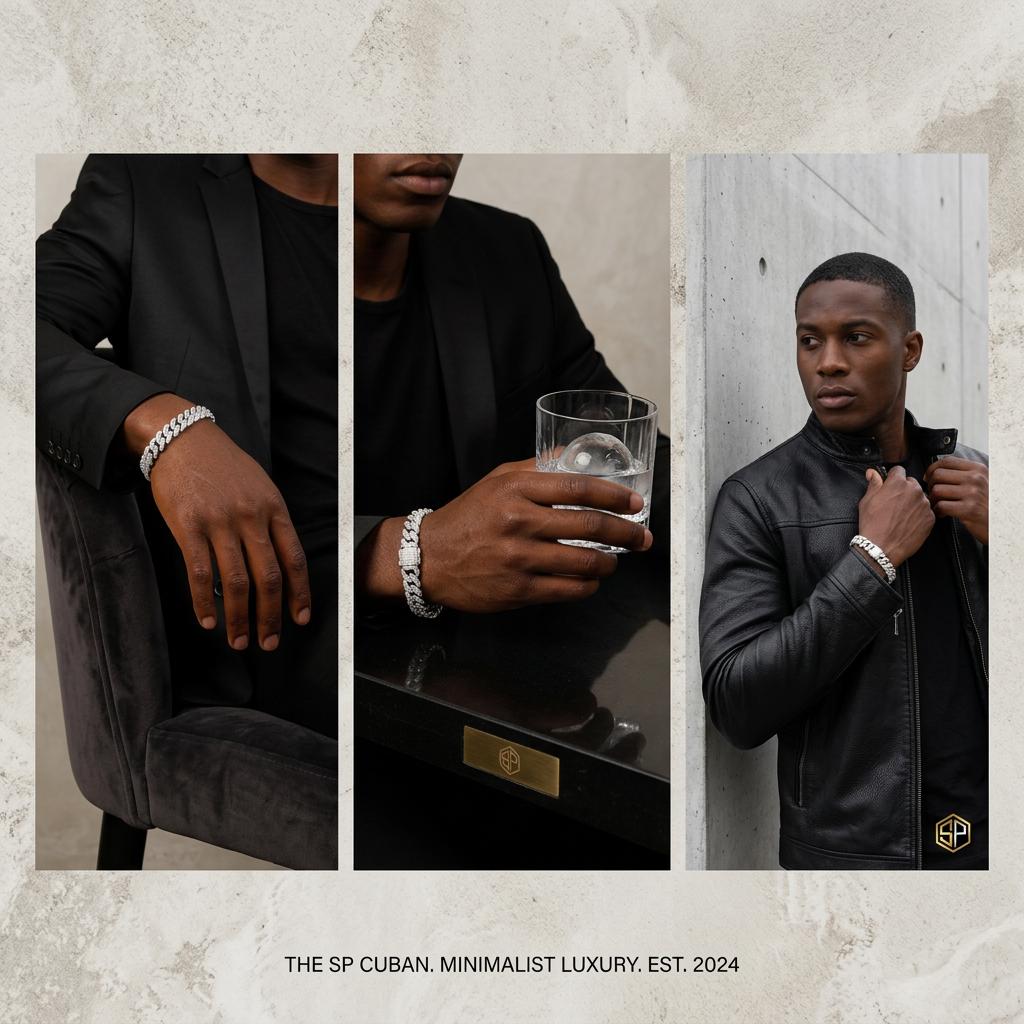 Collage of a man in black attire with jewelry, holding a glass, and adjusting his jacket against a neutral background.